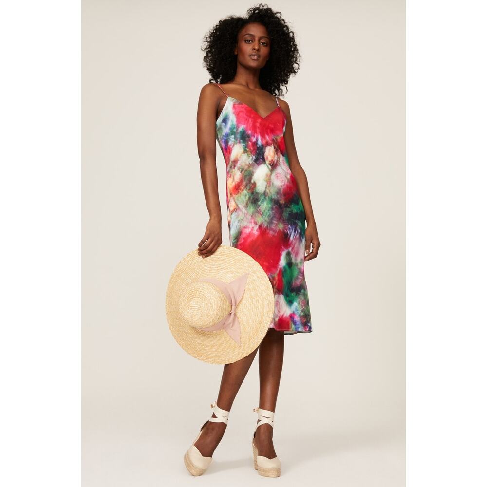 Adam Lippes Watercolor Blurred Floral Print Satin Slip Midi Dress Size 4